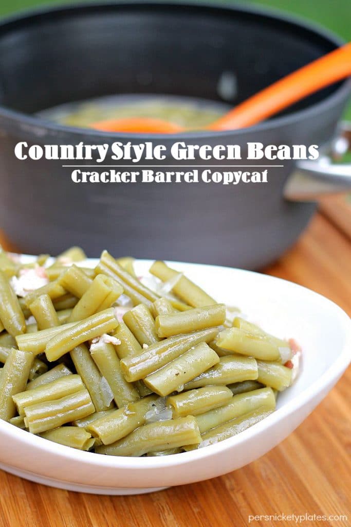 Country Style Green Beans are canned green beans jazzed up with bacon and onion. A country favorite and a Cracker Barrel copycat. #sp