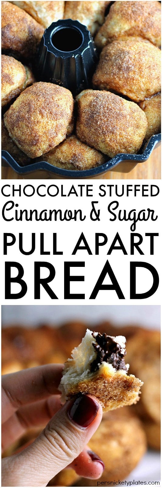 Chocolate Stuffed Cinnamon & Sugar Pull-Apart Bread - a long title for a simple & delicious recipe that only takes 5 ingredients and about 30 minutes to put together. | Persnickety Plates AD #WarmTraditions