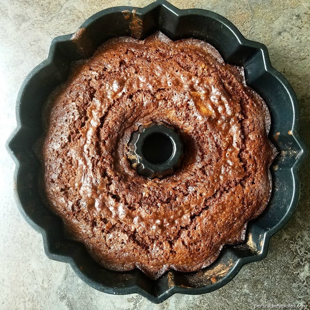 overhead shot of chocolate bundt cake in pan