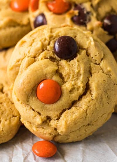 closeup of a reese's pieces cookie.
