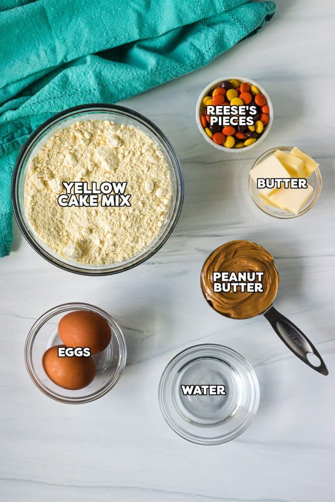 overhead shot of labeled ingredients laid out to make reese's pieces cookies.