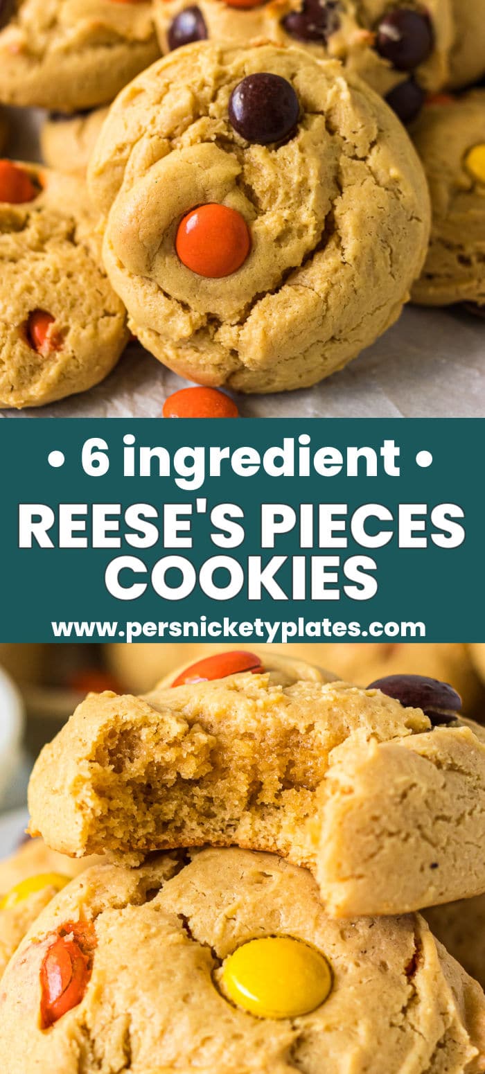 Only 6 ingredients in these easy Reese's Pieces Cookies made with cake mix! They are soft and pillowy and perfect for peanut butter lovers. | www.persnicketyplates.com