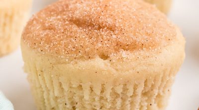 closeup of a cinnamon sugar topped french breakfast muffin.