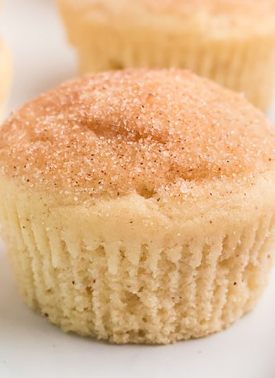 closeup of a cinnamon sugar topped french breakfast muffin.