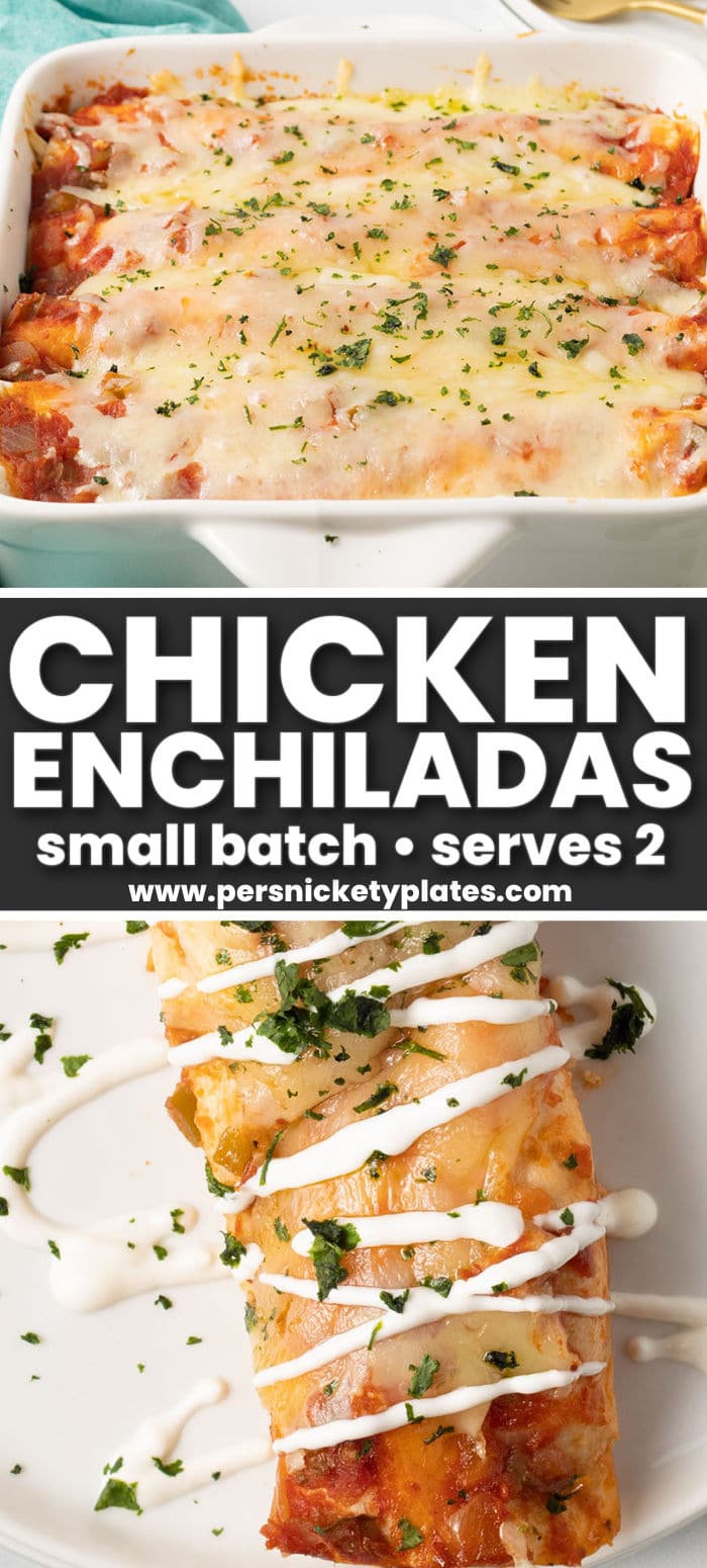 This recipe for chicken enchiladas with flour tortillas makes 4 enchiladas, filled with seasoned chicken in a creamy cheesy filling, rolled and topped with salsa and cheese then baked until golden and crispy on the outside. A delicious dinner for 2-4 people made easy! | www.persnicketyplates.com