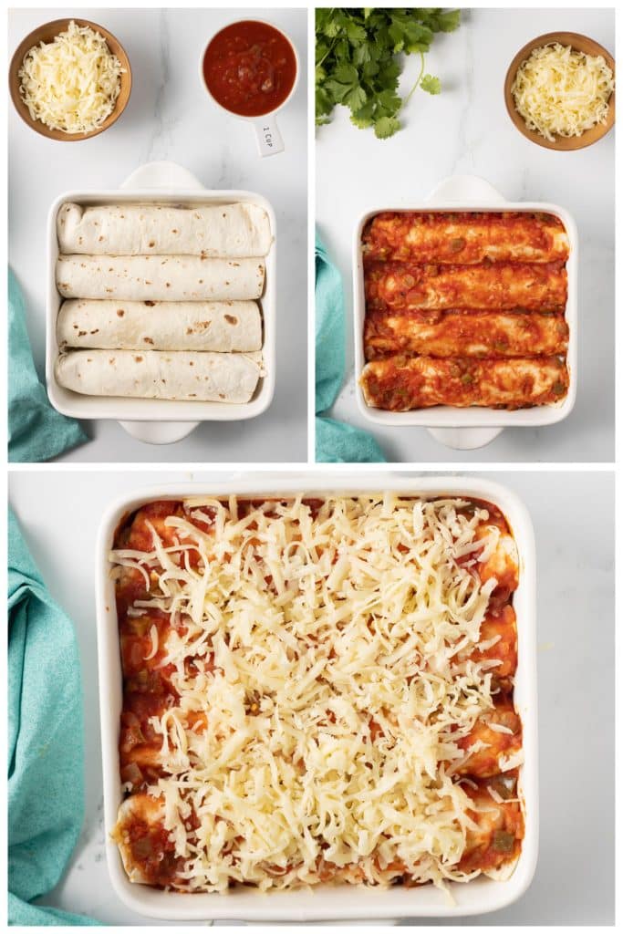 collage of 3 photos showing the assembling of enchiladas in a baking dish.