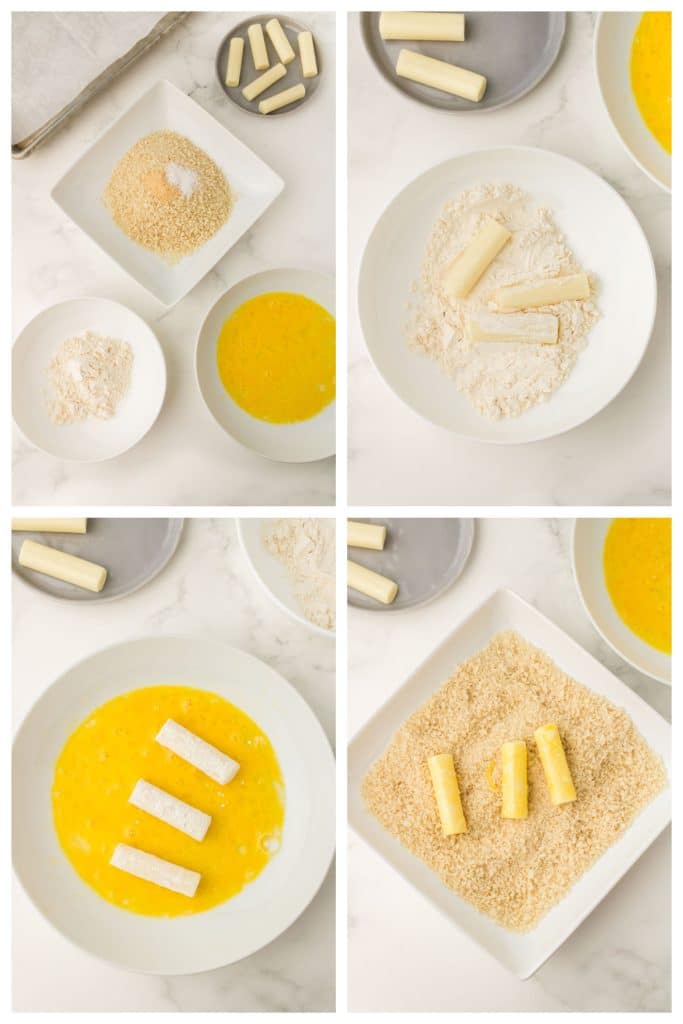 collage of four photos showing the process of breading mozzarella cheese for cheese sticks.