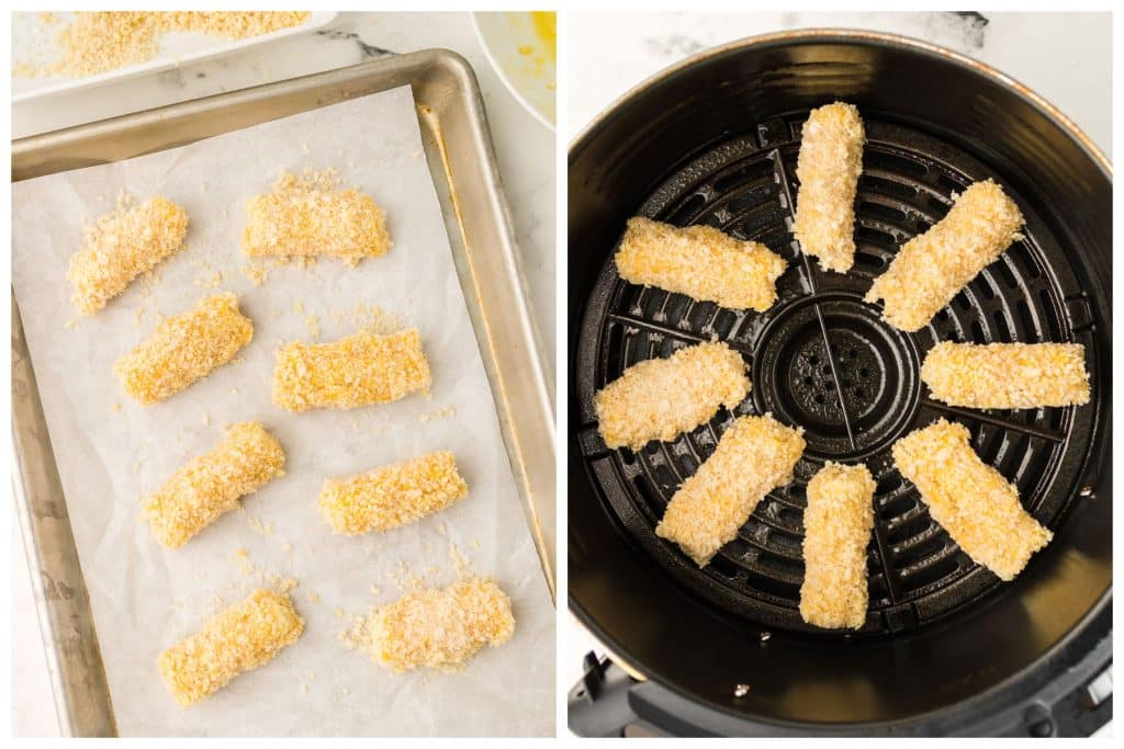 collage of two photos showing breaded mozzarella sticks going into the air fryer.