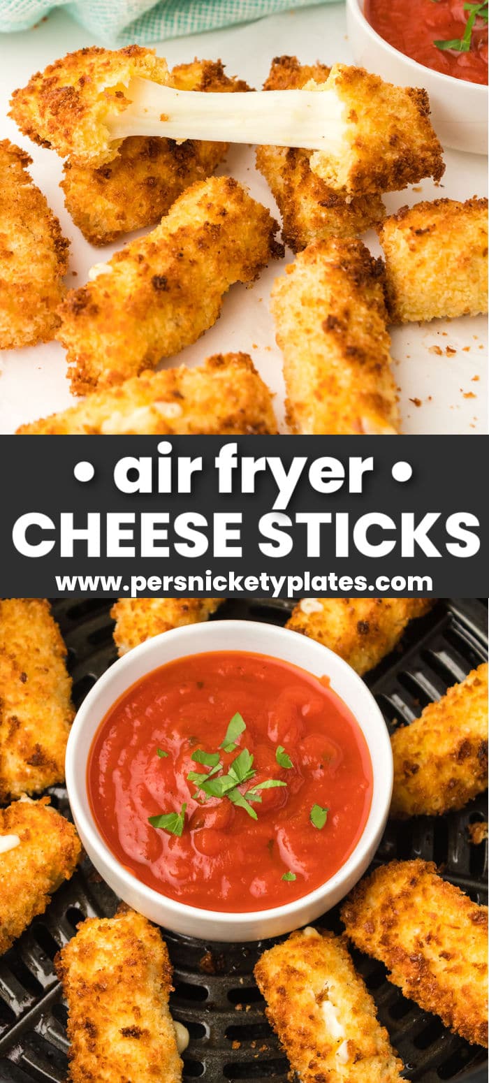 Easy air fryer mozzarella sticks are a cheesy, gooey appetizer or snack made with just six everyday ingredients. A homemade cheese stick that is breaded and air fried to crispy, crunchy perfection and filled with melty cheese. Perfect for dipping in marinara or ranch. | www.persnicketyplates.com