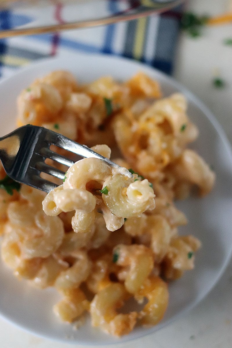 baked macaroni and cheese bite on a fork 