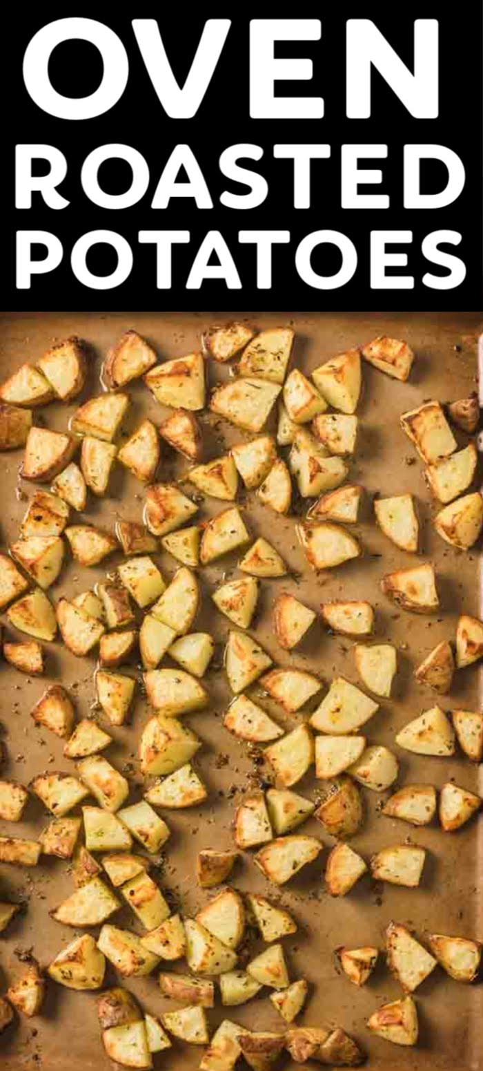 These Easy Oven Roasted potatoes are the perfect crispy on the outside tender on the inside bite you want in any roasted veggie. Made with a few ingredients, delicious herbs, and baked to a golden brown, this oven-roasted potato recipe will be ready in under an hour. | www.persnicketyplates.com