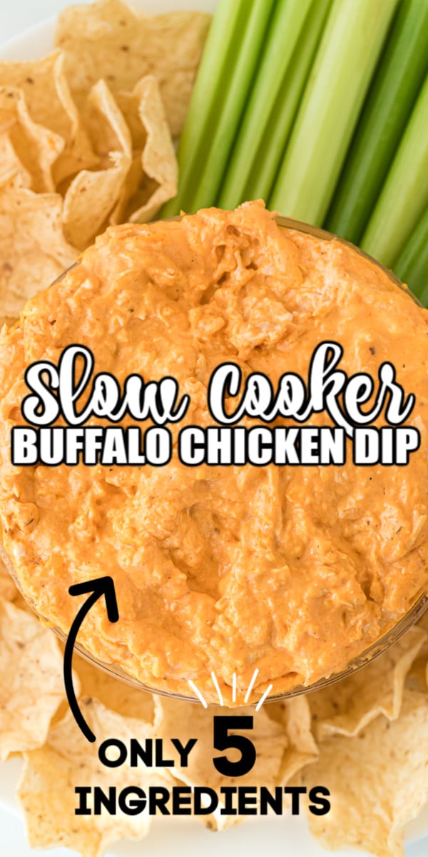 Slow Cooker Buffalo Chicken Dip has just FIVE ingredients and it makes a big batch that's perfect for parties, get-togethers, or game days! This dip couldn't be easier to make because it's a slow cooker dip recipe! Put the ingredients into a crock pot and you can serve the dip right from the slow cooker, too! | www.persnicketyplates.com #slowcooker #crockpot #dip #chicken #chickenrecipe #easyrecipe #gameday #appetizer #buffalo
