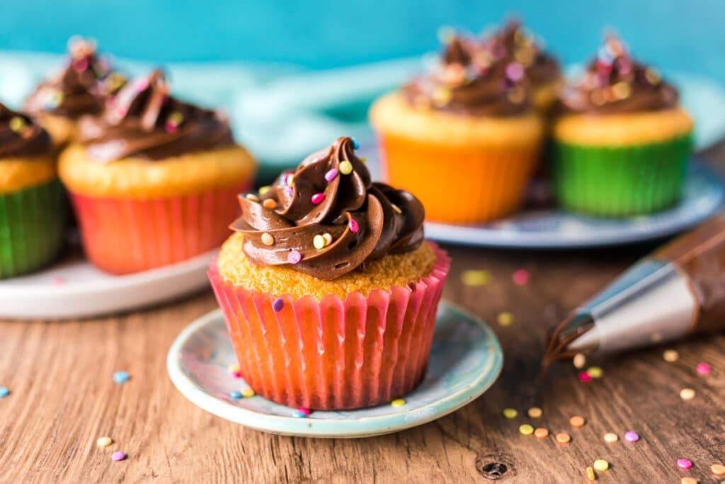 yellow cupcakes with chocolate frosting & sprinkes.