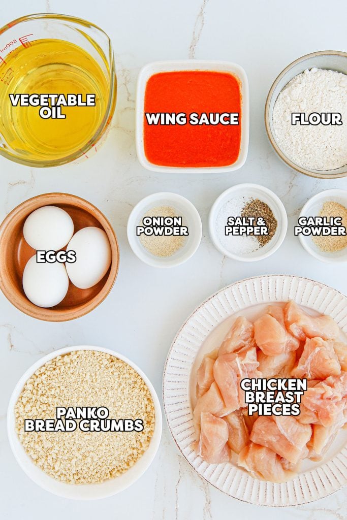 overhead shot of labeled ingredients set out to make boneless wings.