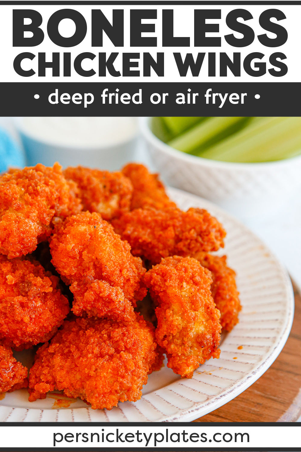These easy boneless chicken wings are lightly breaded with panko bread crumbs and then fried until golden brown. Toss them in your favorite sauce and enjoy! | www.persnicketyplates.com