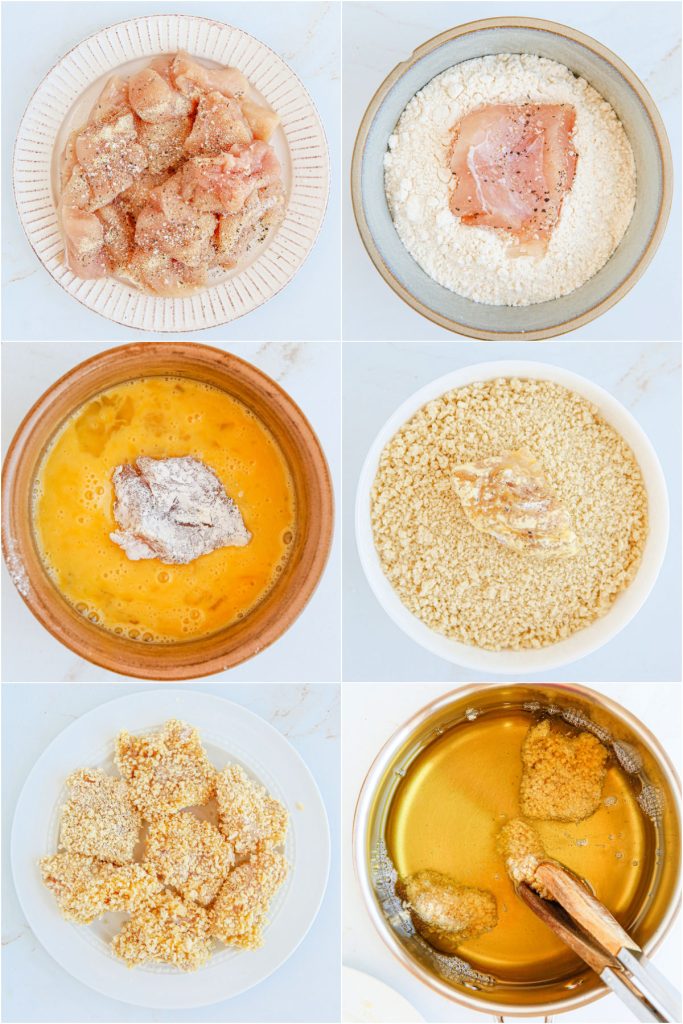 collage of 6 photos showing the process of breading and frying boneless wings.