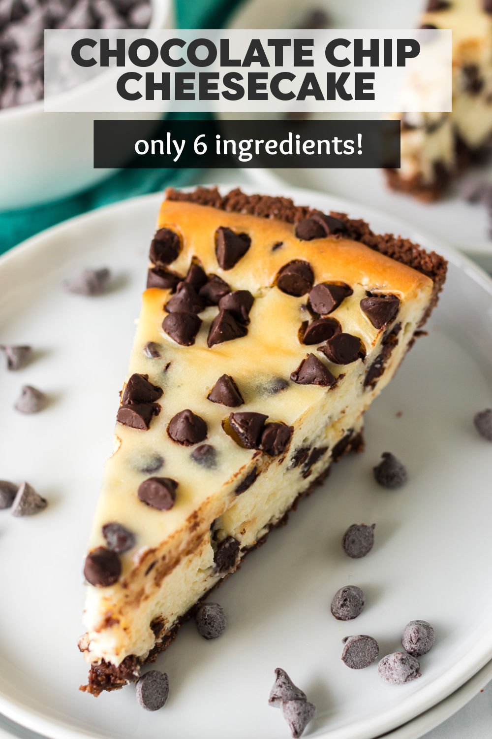 Simple chocolate chip cheesecake in a chocolate pie crust is made with just six ingredients. Creamy cheesecake filled with mini chocolate chips will easily be one of your new favorite cheesecake recipes. | www.persnicketyplates.com