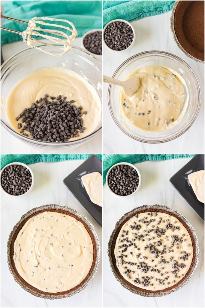 collage of 4 photos showing the process of making a cheesecake in mixing bowls.