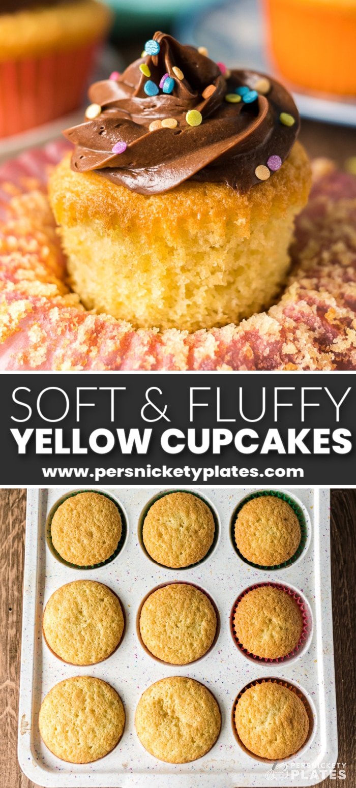 Learn to make the best yellow cupcake recipe with just a handful of baking staples in under 25 minutes! Cupcakes made from scratch should be a staple recipe in every baker's arsenal, and these are buttery soft, tender, and pair perfectly with your favorite frosting!  | www.persnicketyplates.com