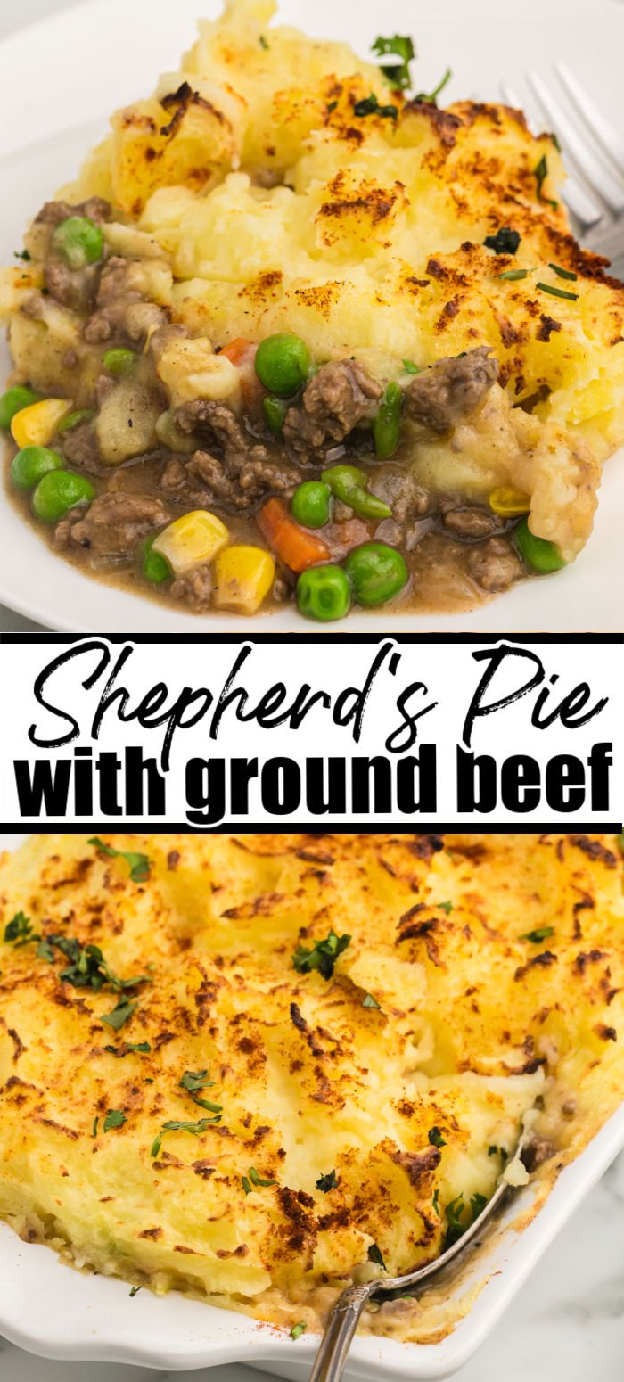This easy Shepherd’s Pie is made with beef (sometimes called Cottage Pie) and will be ready in just about 30 minutes. A layer of ground beef mixed with a flavorful, veggie-filed gravy and topped with mashed potatoes is comfort food at its finest. | www.persnicketyplates.com