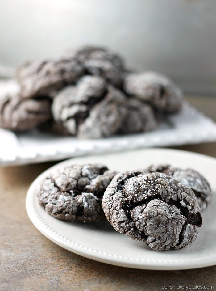 chocolate gooey butter cookies sprinkled with powdered sugar