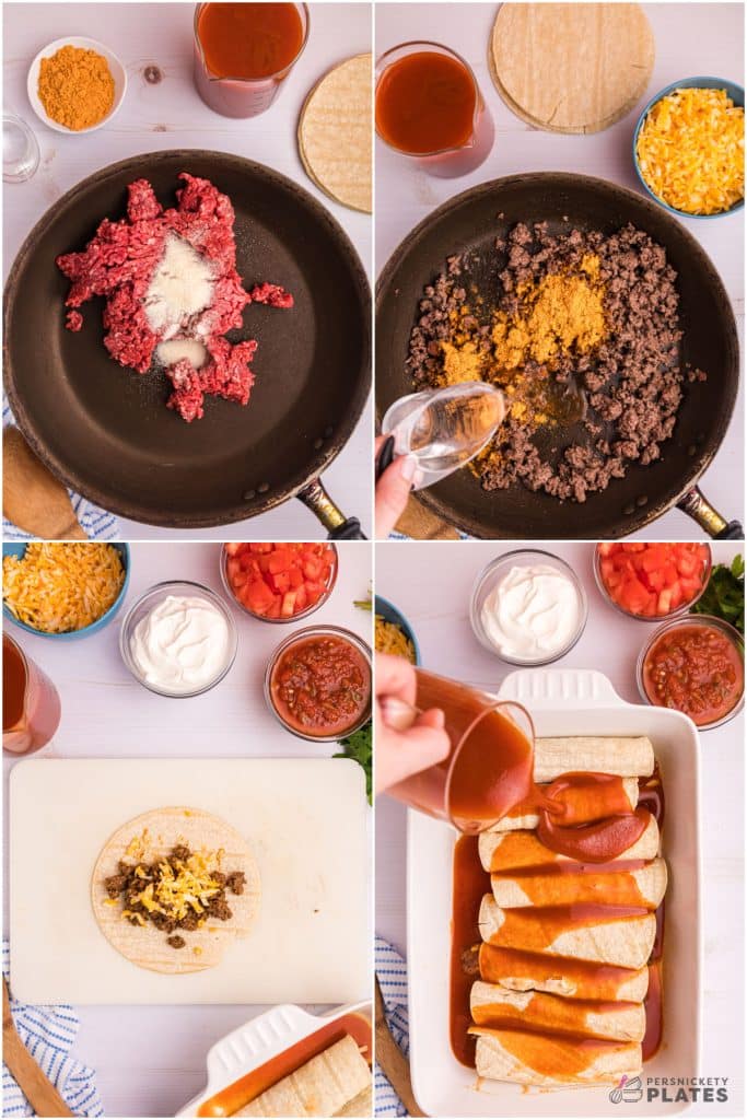 collage of 4 photos showing the process of making ground beef enchiladas.