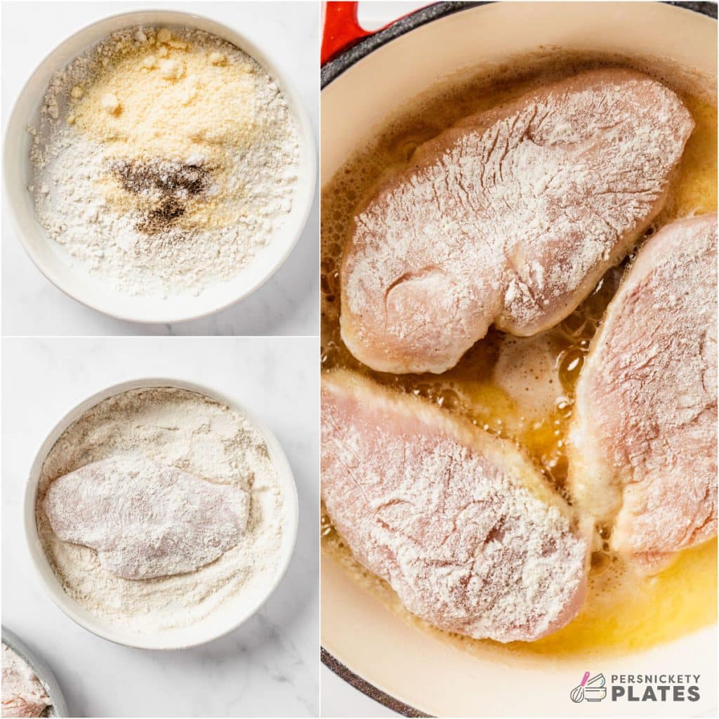 collage of 3 photos showing the coating of chicken breasts in flour.