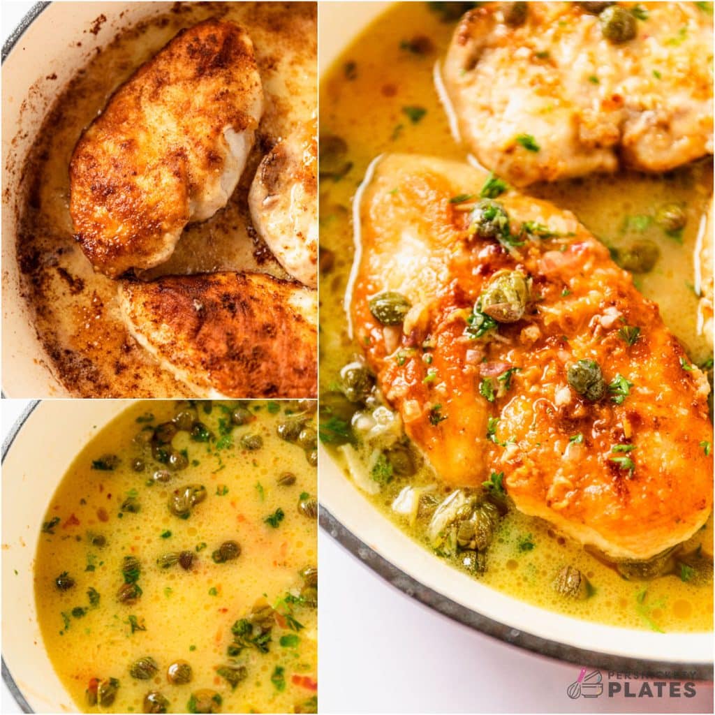 collage of 3 photos showing the process of making a piccata sauce.