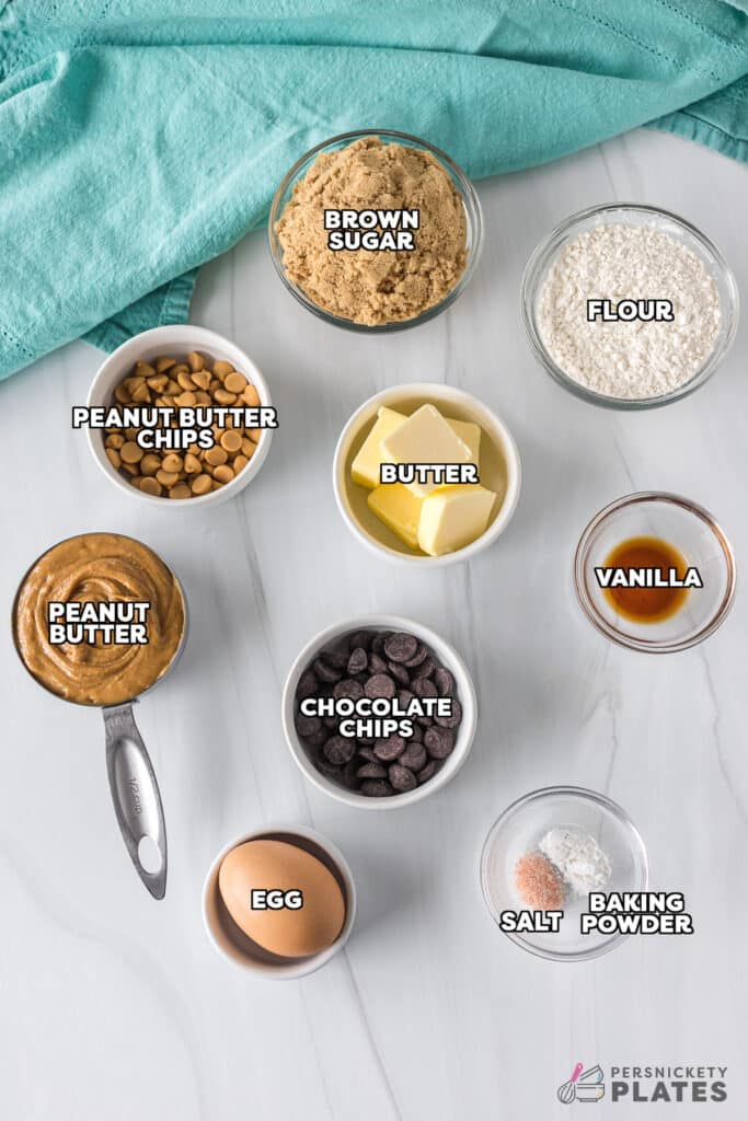 overhead shot of labeled ingredients laid out to make peanut butter blondies.
