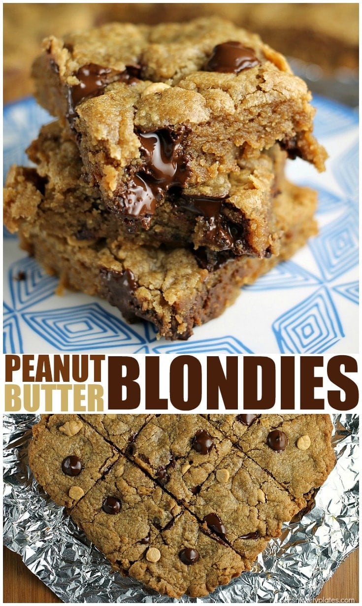 Peanut Butter Blondies filled with chocolate chips and peanut butter chips are soft and chewy and begging to be topped with vanilla ice cream! | Persnickety Plates