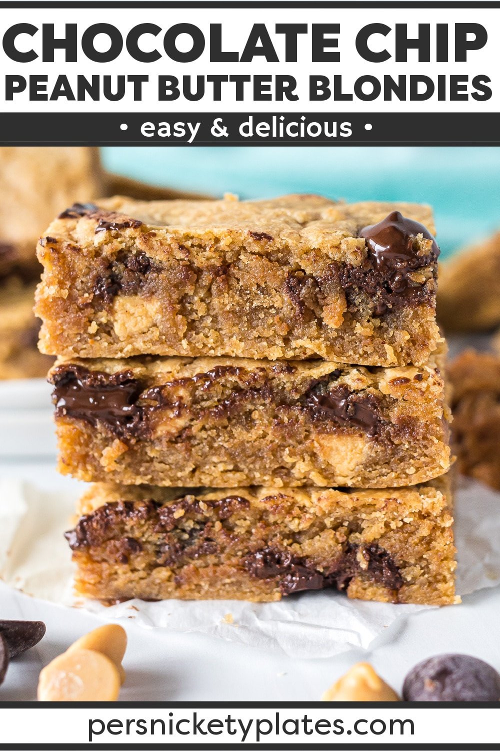 Peanut Butter Blondies filled with chocolate and peanut butter chips are soft, chewy, and begging to be topped with vanilla ice cream! | www.persnicketyplates.com