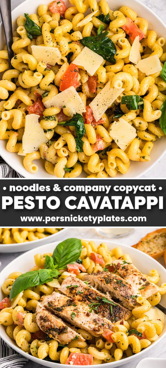 Noodles & Company Pesto Cavatappi is the perfect copycat version made right in your own kitchen! This 30-minute dish is made with tender corkscrew pasta, a creamy white wine sauce, spinach, tomatoes, and refreshing basil pesto topped with shaved Asiago! An easy, flavorful pasta that will save you money by making the real deal at home. Weeknight dinners have never been so good! | www.persnicketyplates.com