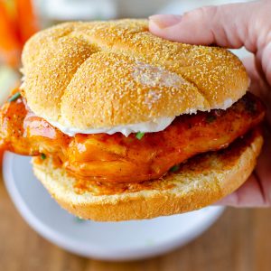 close up of a spicy buffalo chicken sandwich