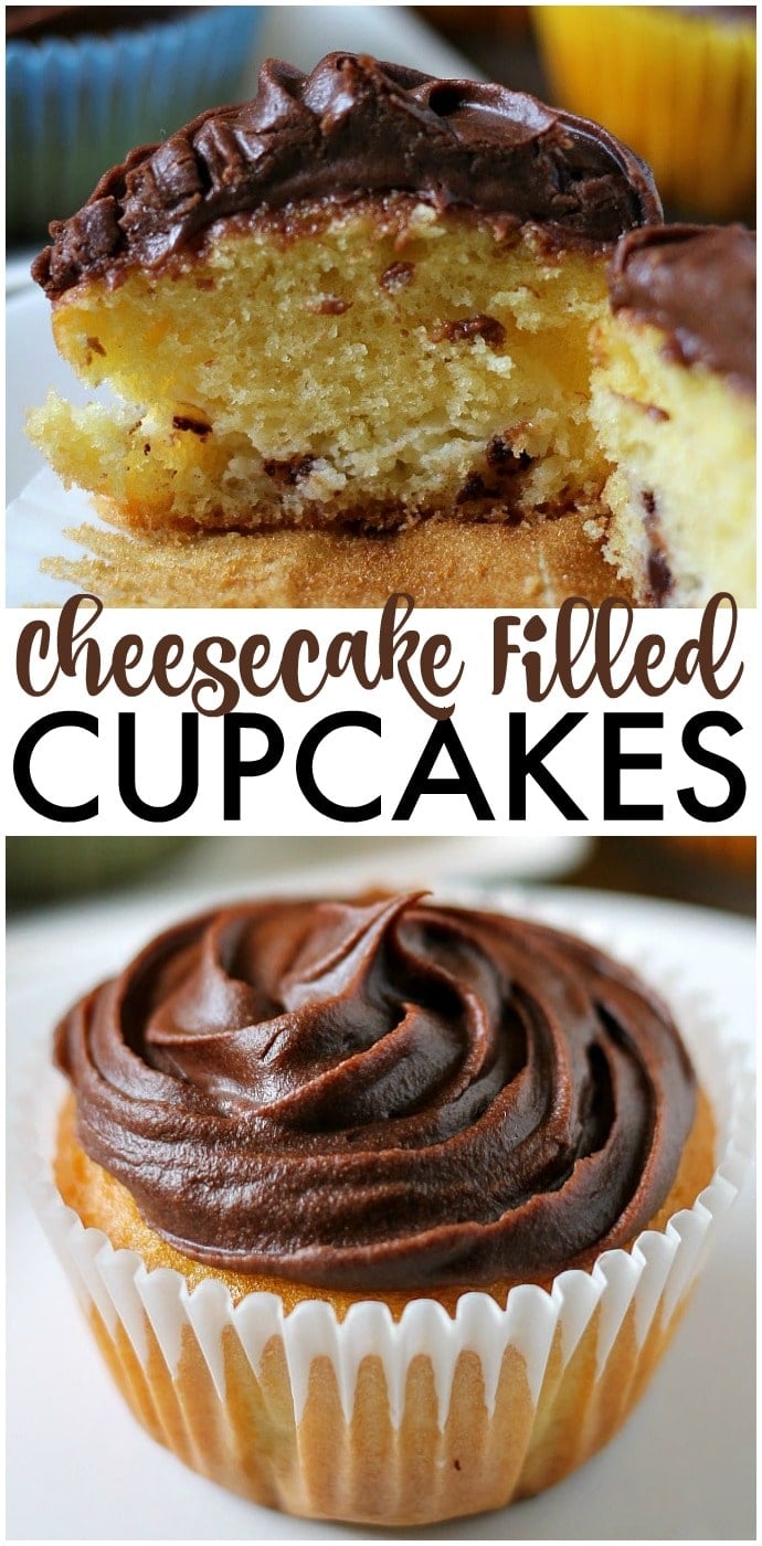 Cheesecake Filled Cupcakes are super simple starting with a cake mix but filled with chocolate chip cheesecake mixture in the centers! | www.persnicketyplates.com AD