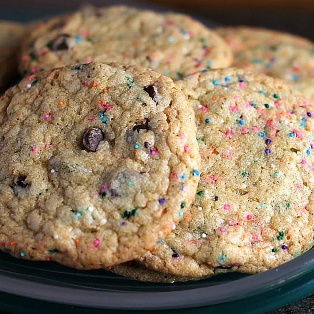 chocolate chip cookies filled with rainbow sprinkles. 