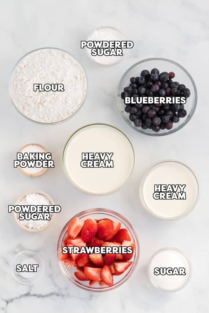overhead shot of labeled ingredients laid out to make shortcakes.
