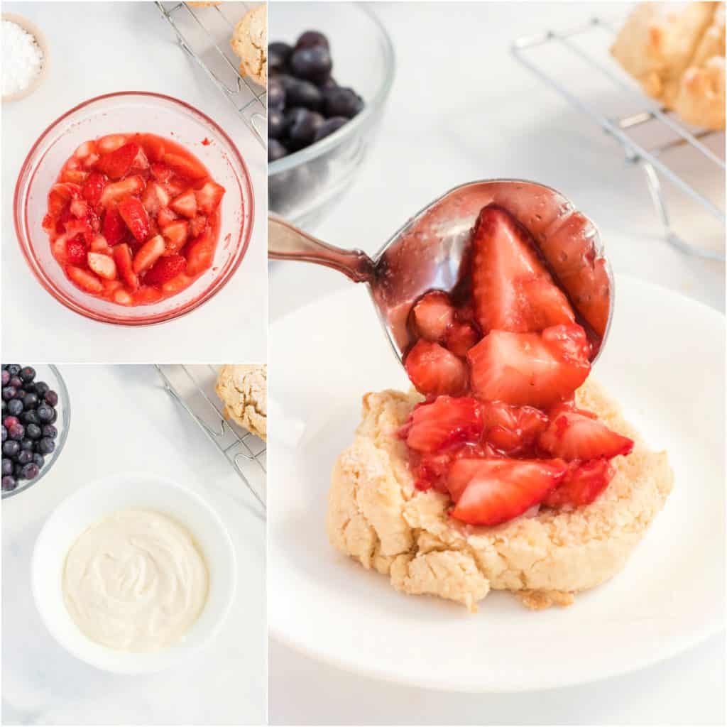 collage of 3 photos showing strawberry sauce pouring onto a shortcake.