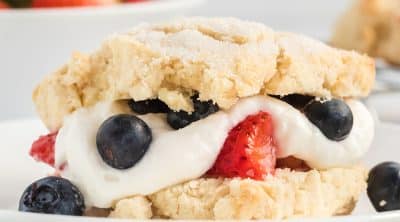 side view of a berry shortcake with strawberries and blueberries.