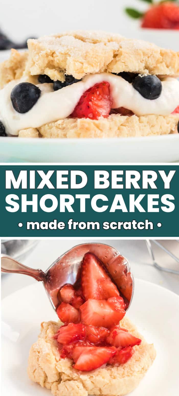 Mixed Berry Shortcakes take sweet, buttery shortcakes topped with homemade whipped cream and stuffed with ripe, fresh, juicy strawberries and blueberries. This lightly sweetened dessert recipe is perfect for any occasion. | www.persnicketyplates.com