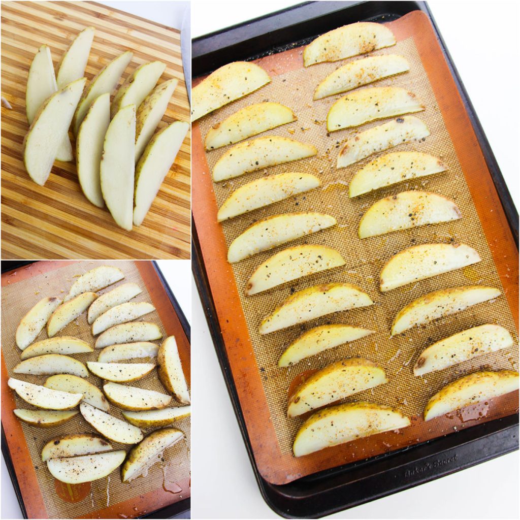 collage of 3 photos showing the process of making baked potato wedges.