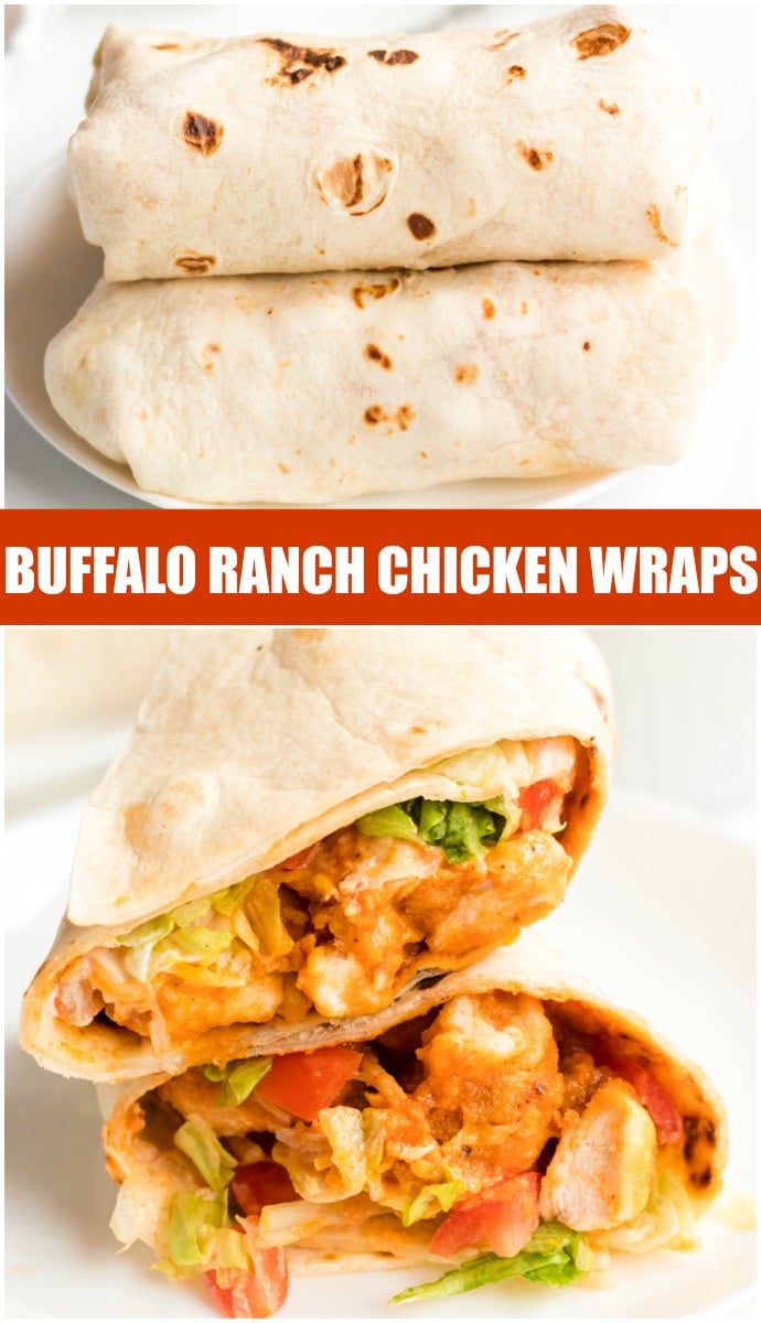 If you like the Buffalo Ranch Chicken Wrap from Buffalo Wild Wings, you'll love this lightened up homemade version! Lightly breaded buffalo chicken pieces wrapped up in a soft tortilla with ranch dressing, shredded lettuce, cheese, and tomatoes make a great dinner or the perfect game day meal! | www.persnicketyplates.com