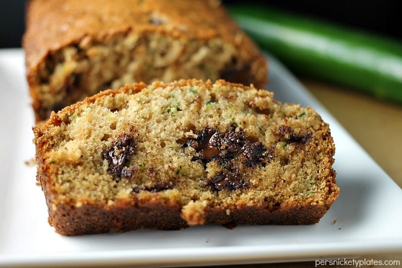 close up of sliced zucchini bread with chocolate chips