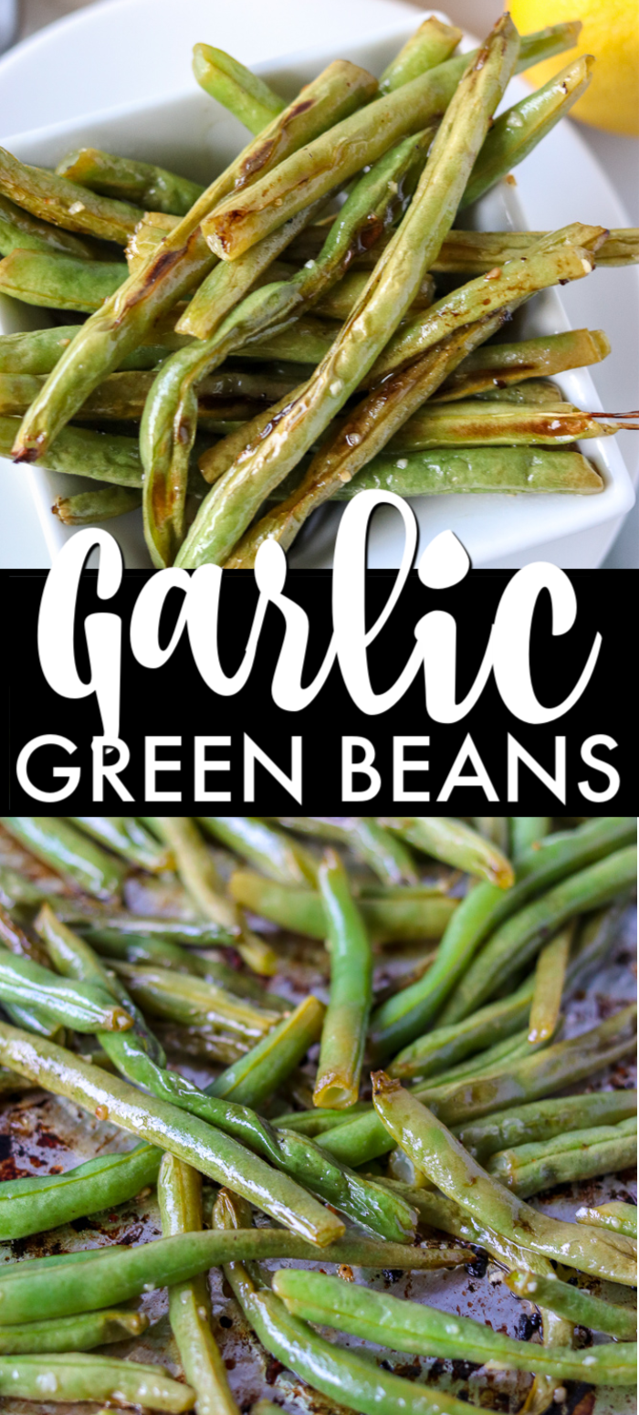 Oven roasted garlic green beans are a super simple and healthy side dish that I can never stop eating! Only five ingredients in this side dish that pairs well with just about anything. | www.persnicketyplates.com #sidedish #vegetarian #greenbeans #vegetables