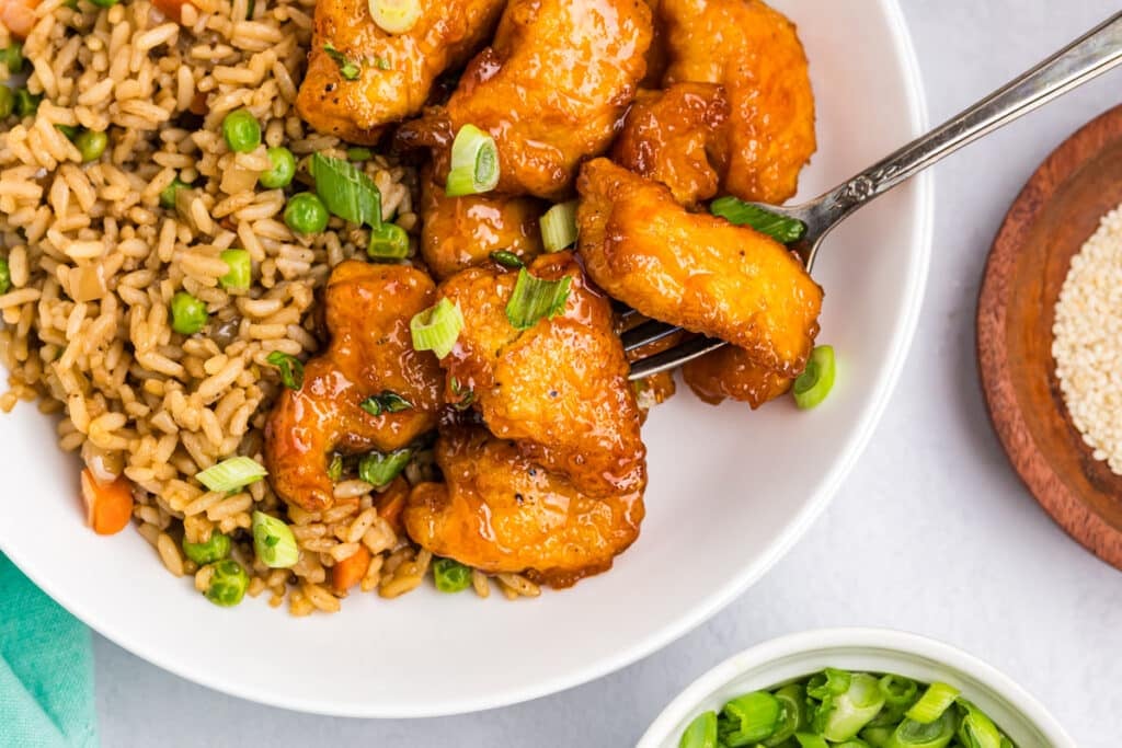 plate of sweet & sour chicken with fried rice.