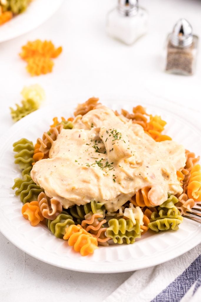 plate of colored noodles topped with creamy chicken.