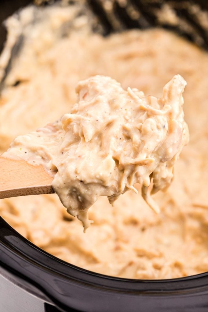spoon scooping creamy chicken from a slow cooker.