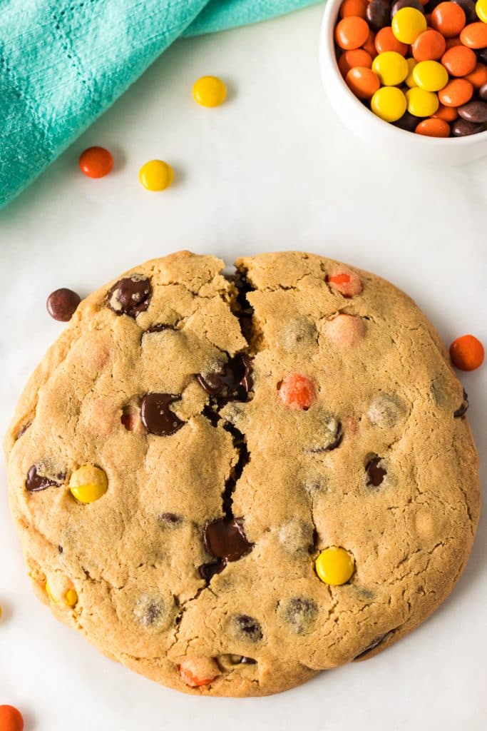 overhead shot of a giant peanut butter cookie with reese's pieces.