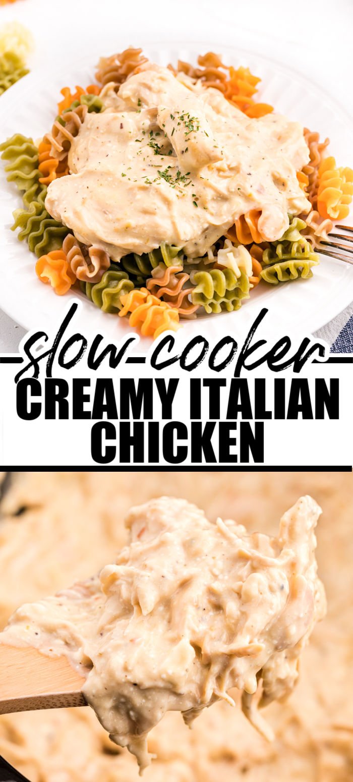 There are only five ingredients in this Slow Cooker Creamy Italian Chicken so it can quickly be thrown together in the crock pot for a meal the whole family will love! Serve over rice or noodles for a very easy dinner. | www.persnicketyplates.com