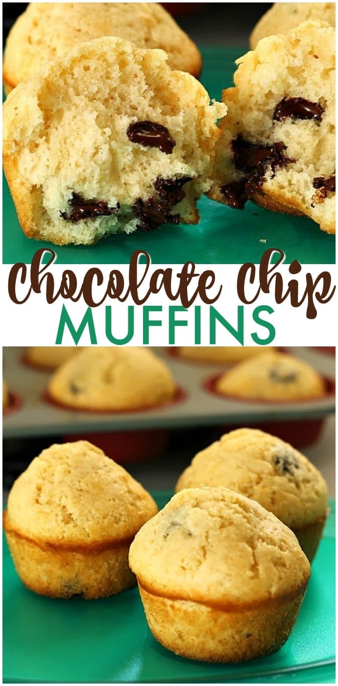 Simple Chocolate Chip Muffins that verge on cupcakes. Acceptable for breakfast but also perfect for dessert. | www.persnicketyplates.com