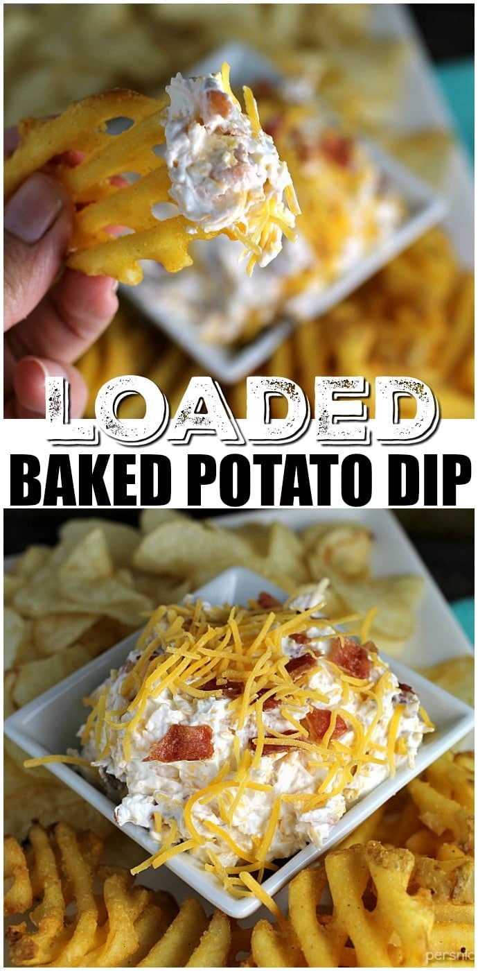 Loaded Baked Potato Dip only has three ingredients and is perfect for game day snacking. If you love loaded baked potatoes, you'll love dipping your chips or potato wedges into this simple dip! | www.persnicketyplates.com